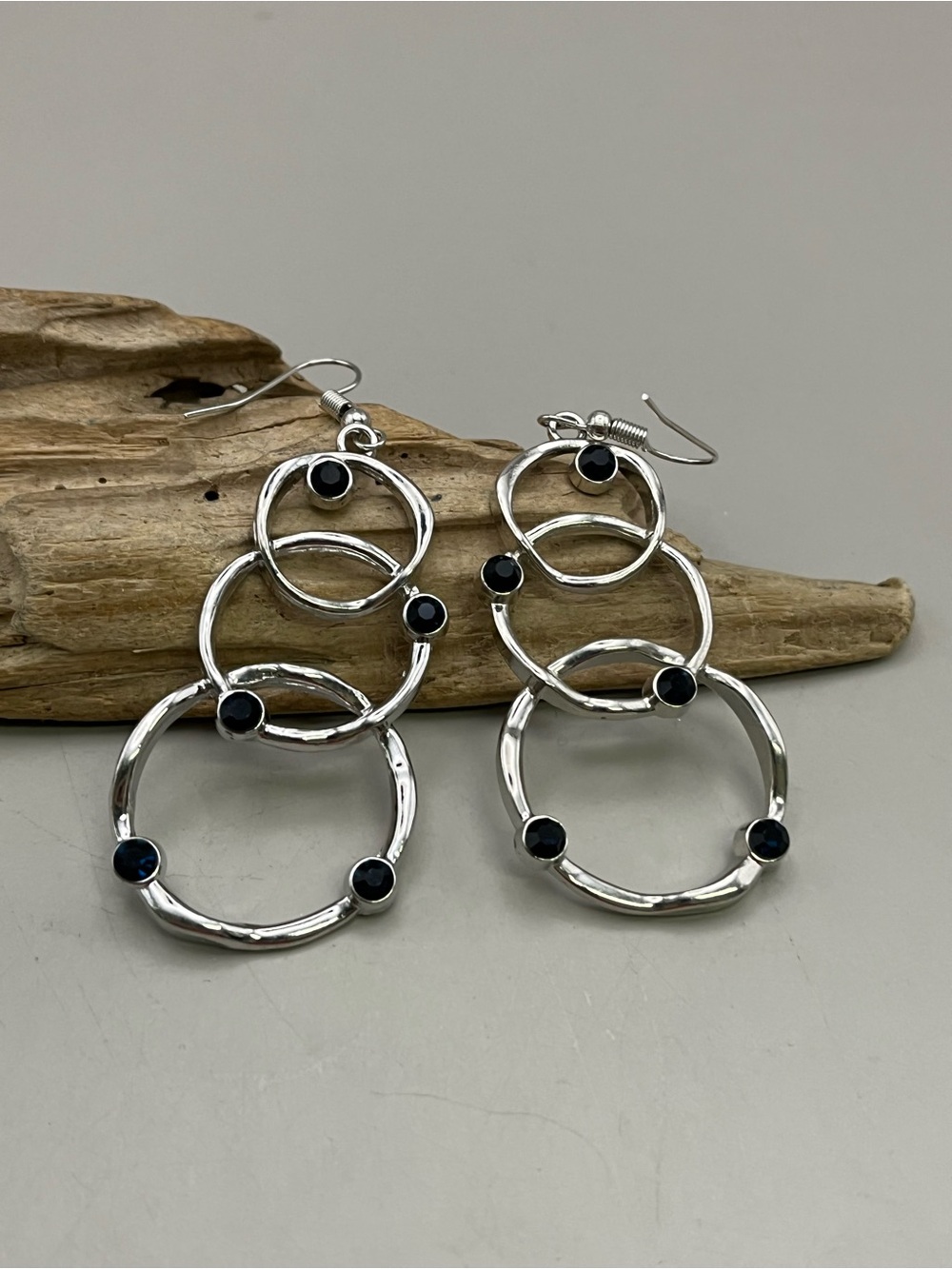 Sterling Silver Multi-Hoop Earrings with Black Stones